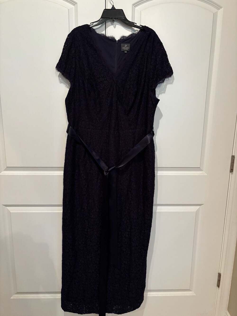 Adrianna Papell Navy Blue Lace Short Sleeve Gown Dress with Belt Size 24W
